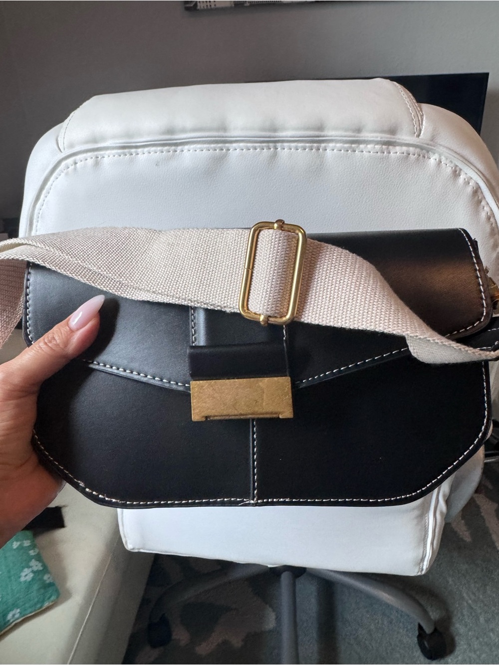 Zara Black Satchel with Beige Canvas Strap and Gold Hardware